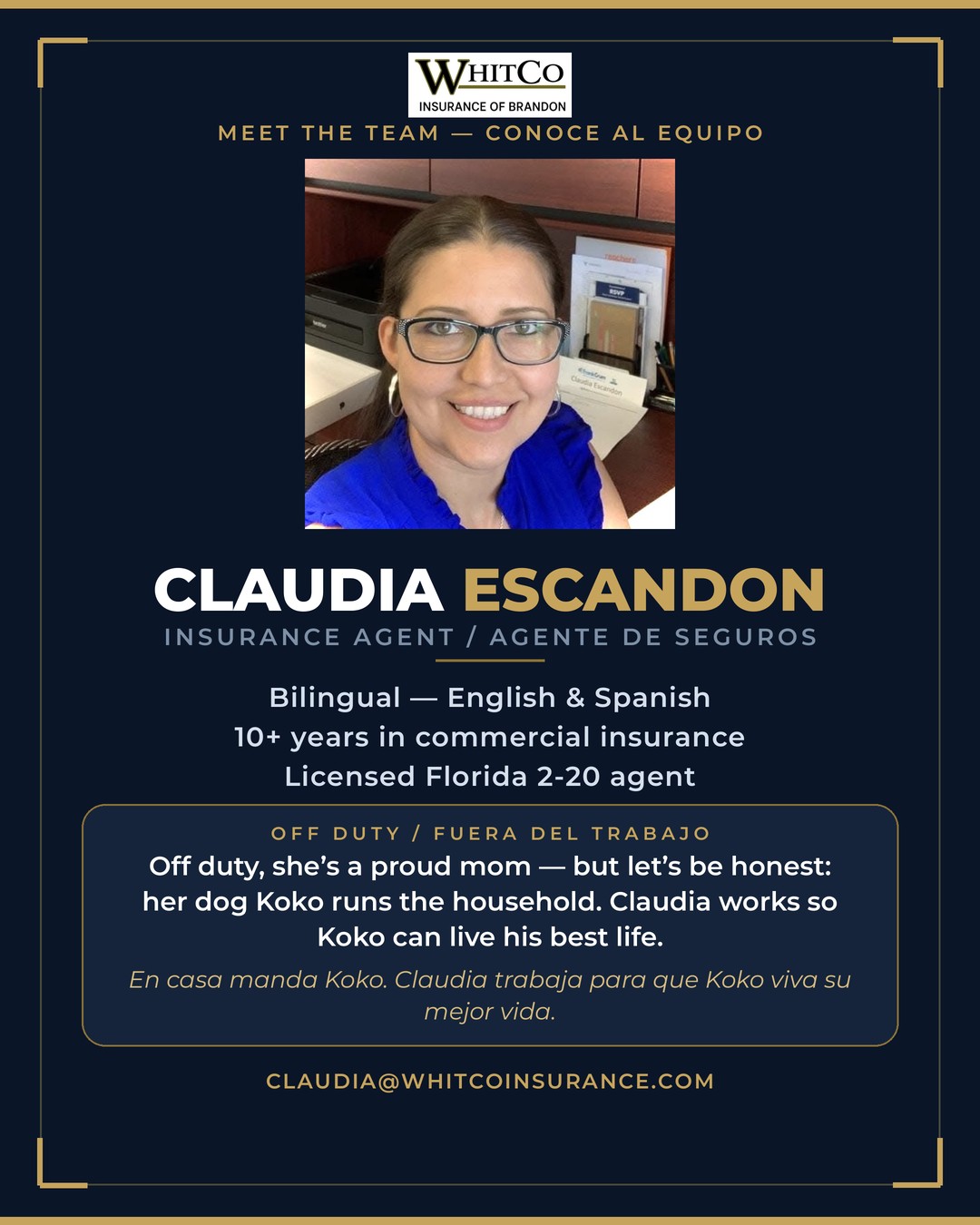 Info card for Claudia Escandon, licensed insurance agent at Whitco Insurance of Brandon