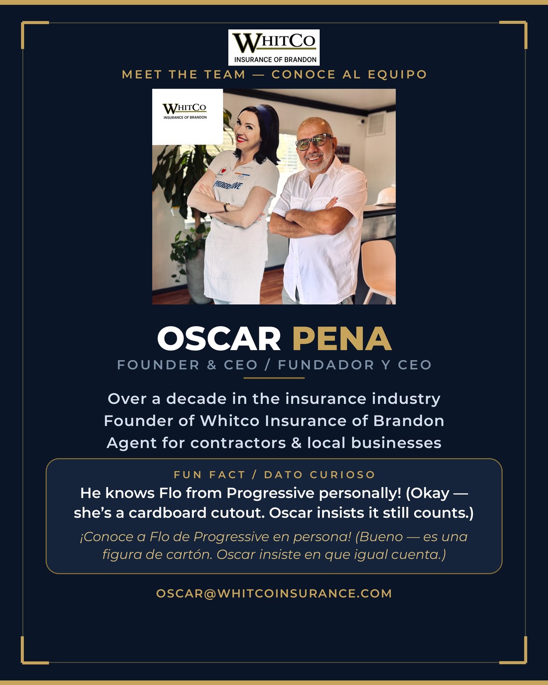 Info card for Oscar Pena, Founder and CEO of Whitco Insurance of Brandon