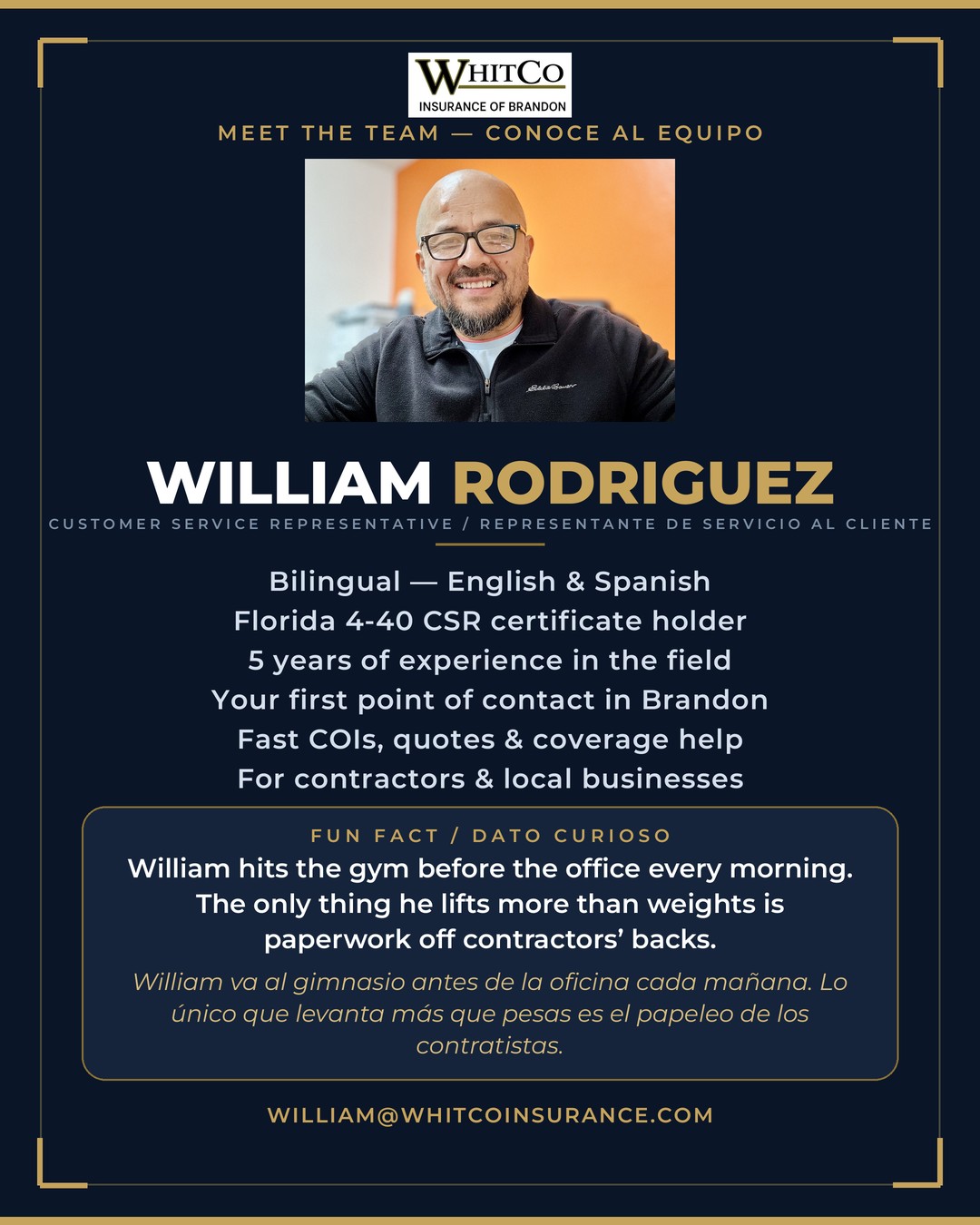 Info card for William Rodriguez, customer service representative at Whitco Insurance of Brandon